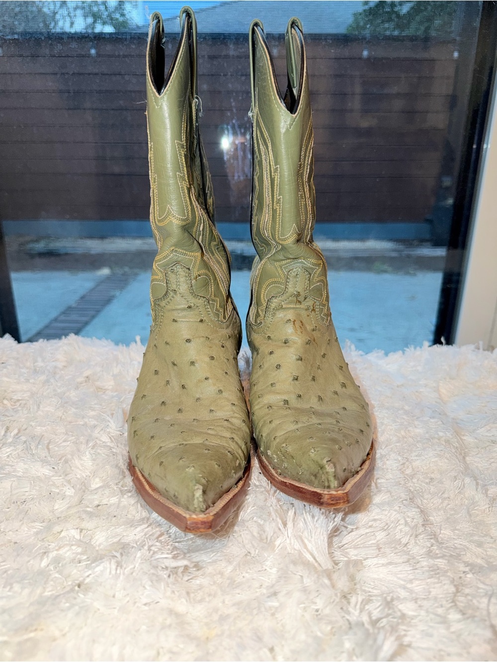 Olive Green Ostrich-Texture Heeled Cowboy Boots